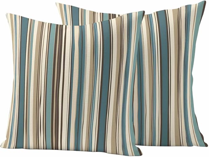 Boho Vertical Stripes Outdoor Waterproof Throw Pillow Covers Set of 2, 24"x24", Green Beige Simple Lines Decorative Pillow Covers Outside Cushion Case for Patio Porch Garden
