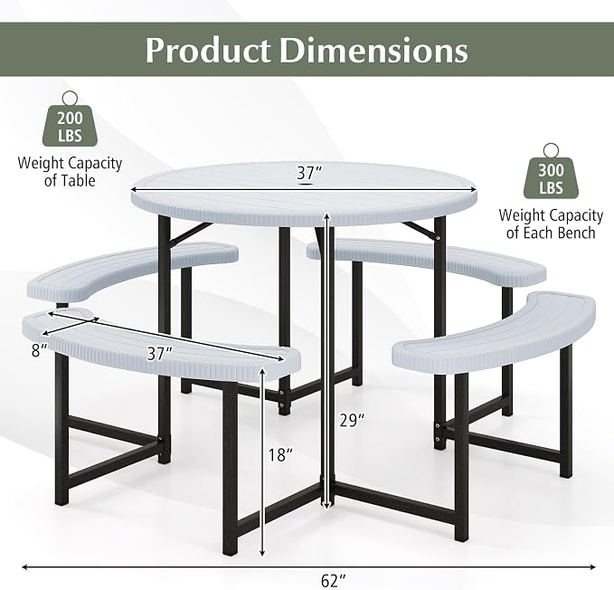 Giantex Picnic Table Bench Set for 4-8 Person, Round 37” Outdoor Dining Table w/Umbrella Hole, HDPE Tabletop, Metal Frame, Patio Furniture Set for Backyard Porch Lawn, 1400lb Capacity (White,Round)