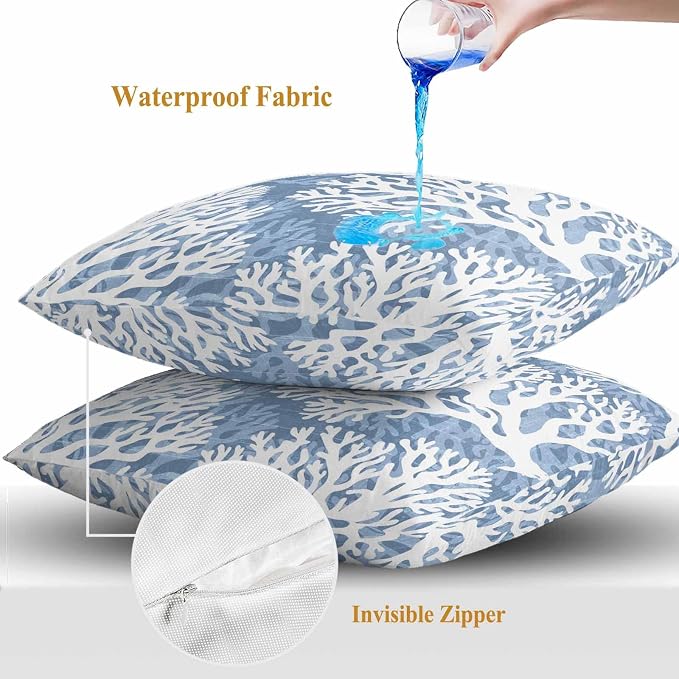 Outdoor Pillow Covers 18x18 Inch Set of 2, Lake Blue Coral Coastal Waterproof Throw Pillow Covers, Summer Beach Nautical Ocean Decorative Cushion Pillowcases for Couch, Sofa, Bed, Garden, Patio