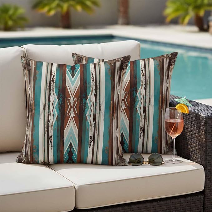 Ethnic Tribal Stripes Outdoor Pillow Covers 18"x18" Set of 2, Retro Vintage Geometric Teal Brown Stripes Waterproof Throw Pillow Covers for Patio Furniture, Decorative Cushion Covers for Porch