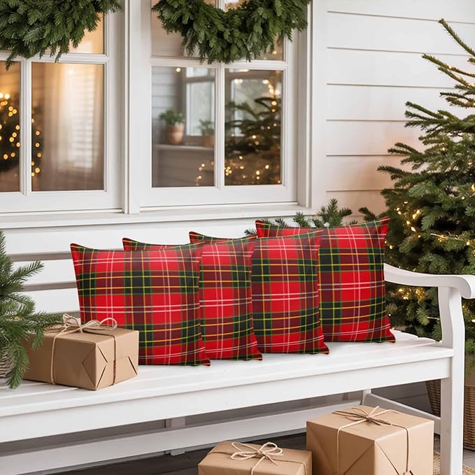 Outdoor Waterproof Throw Pillow Covers, Merry Christmas Red and Green Gingham Tartan Plaid Vintage Farmhouse Decor Pillowcases Cushion Covers Cases for Patio Couch Bench, Pack of 2 Square, 18X18 Inch