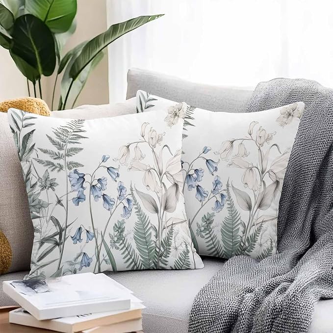 Throw Pillow Covers 16x16 Inch Set of 2, Blue Beige Floral Waterproof Outdoor Pillow Covers, Farmhouse Botanical Decorative Cushion Pillowcases for Couch, Sofa, Bed, Garden, Patio