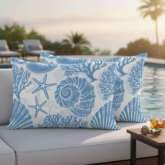 Lumbar Pillow Covers 20x12 Inch Set of 2, Blue Coastal Waterproof Outdoor Pillow Covers, Beach Starfish Nautical Coral Shell Summer Decorative Cushion Pillowcases for Couch, Sofa, Bed, Garden, Patio