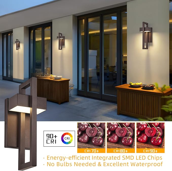 Modern LED Outdoor Wall Sconce Brown Outdoor Lights for House, 13.7'' LED Exterior Lighting Fixtures Outside Wall Mount Lights for Front Porch Hallway, Warm White 3000K, 2 Pack