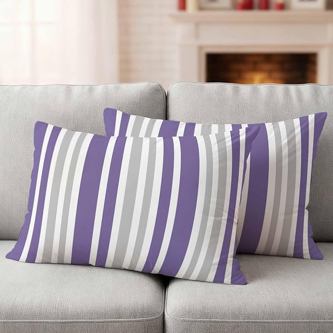 Purple Grey Stripe Outdoor Pillow Covers 20x12 Inch Lumbar Pillow Covers Set of 2 Waterproof Decorative Throw Pillow Cases Farmhouse Minimalist Striped Cushion Covers for Patio Furniture Garden Couch