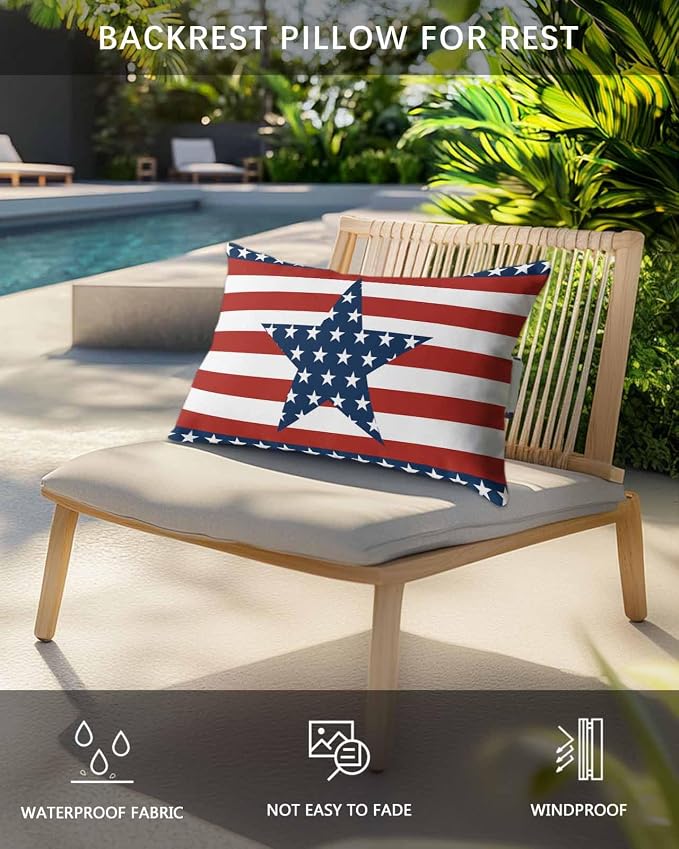 Outdoor Lumbar Pillows with Adjustable Band,Independence Day Chic White Star on Blue Waterproof Recliner Throw Pillow Chaise Lounge Cushion with Insert for Beach,Graden Red White Stripes 1 Pack