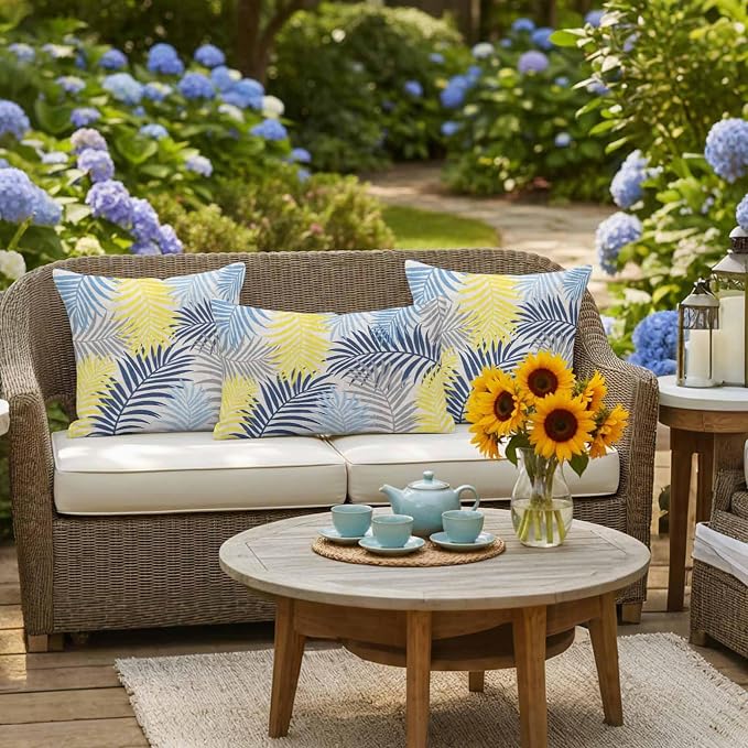 Yellow Blue Palm Leaves Outdoor Pillow Covers 16"x16" Set of 2, Summer Botanical Vintage Tropical Leaf Rustic Waterproof Throw Pillow Covers for Patio Furniture, Decorative Cushion Covers for Porch