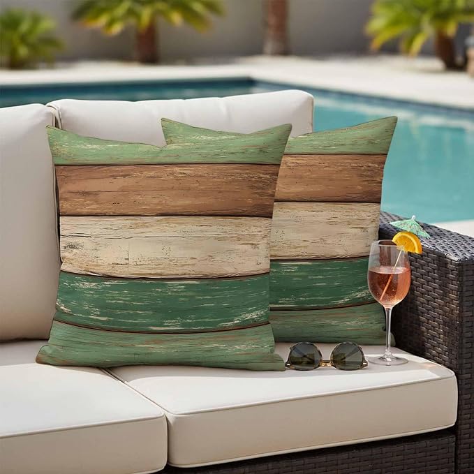 Farmhouse Dark Sage Green Brown Outdoor Waterproof Pillow Covers, Vintage Wooden Striped Decorative Square Throw Pillowcase Sofa Cushion Sham for Patio/Couch/Chair, 18"x18" 2 Pack