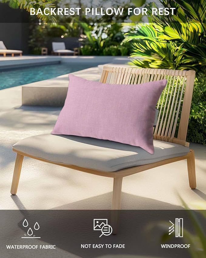 Pack of 4 Outdoor Lumbar Pillow Covers 12x20 Inch, Pink Burlap Texture Waterproof Throw Pillow Covers Set, Farmhouse Vintage Pink Indoor&Outdoor Decorative Cushion Cases for Patio Porch Beach