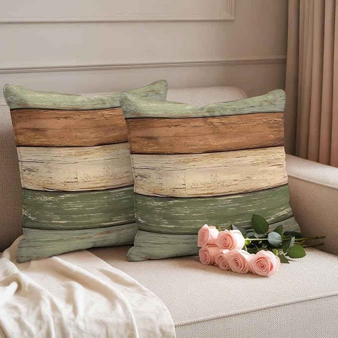 Farmhouse Sage Green Brown Outdoor Waterproof Pillow Covers, Vintage Wooden Striped Decorative Square Throw Pillowcase Sofa Cushion Sham for Patio/Couch/Chair, 18"x18" 2 Pack