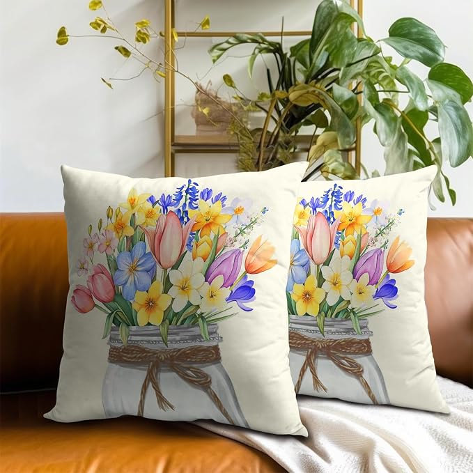 Easter Spring Flowers Pillow Covers 20x20 Inch, Set of 2 Colorful Tulips Lavender Floral Mason Jar Throw Pillowcases with Zipper Square Cushion Cover for Couch Sofa Bed Home Decor
