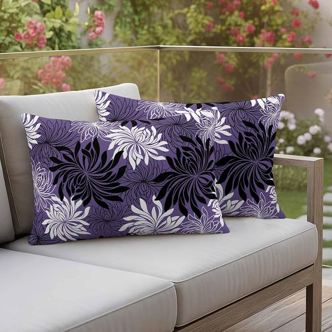 Yukro Purple Black Floral Outdoor Waterproof Pillow Covers Pack of 2, Vintage White Black Flower Purple Decorative Throw Pillowcases Cushion Covers for Garden Patio Tent Sofa Couch, 20x12 inch