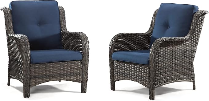 Outdoor Wicker Chair Rattan Patio Dining Chairs Set of 2 PE Wicker Patio Chairs with 3.5 inch Seat Cushions Outdoor Patio Seating Chair for Garden, Backyard Swimming Pool, Balcony, Blue