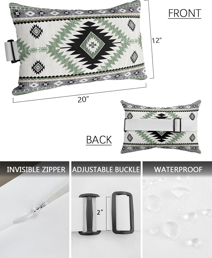 Outdoor Pillows Waterproof Covers Set of 2, Sage Green Bohemian Adjustable Elastic Chaise Lounge Headrest Pillow Covers, Aztec Boho Tribal Decorative Lumbar Pillow for Pool Patio Furniture 20x12 Inch