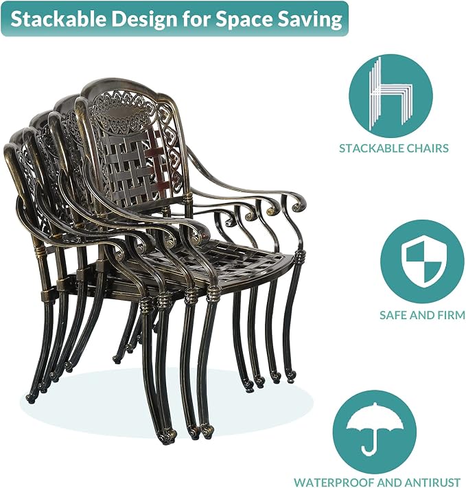 MEETWARM 7-Piece Outdoor Furniture Dining Set, All Weather Cast Aluminum Patio Garden Set with 6 Chairs, 1 Rectangular Table, 2" Umbrella Hole, Dark Bronze