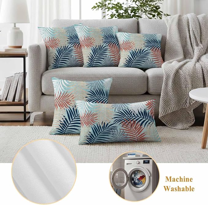 Outdoor Waterproof Throw Pillow Covers, Red Blue Teal Palm Leaves Decorative Pillow Cases, Summer Botanical Tropical Leaf Couch Pillow Protector Patio Sofa Cushion Covers Replacement 24"x24" 2 Pack