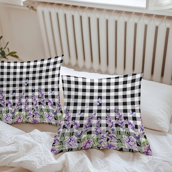 Vandarllin Outdoor Throw Pillows Covers 16x16 inch Set of 2 Waterproof Purple Lavender Flower Decorative Zippered Cushion Covers for Patio Furniture, Butterfly Black Buffalo Plaid Lumbar Pillowcases