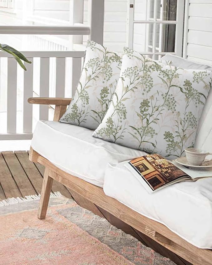 Outdoor Waterproof Throw Pillows Pastoral Sage Green Herbs Plant Patio Pillows Pack of 1,Decorative Pillow Covers with Insert,Pillow Cushion Case for Garden Couch Sofa Botanical Leaf on White