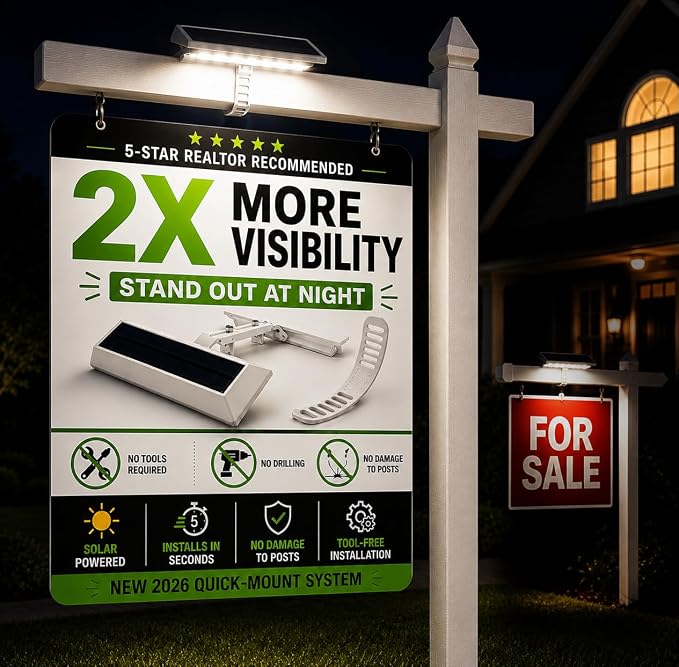 LITEAGENT PRO Upgrade Solar LED Sign Light for Real Estate Yard Signs, Tool-Free No-Drill Installation, Adjustable Quick-Mount Strap, Fits Sign Posts, Includes Wall Mount Bracke