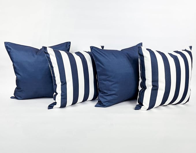 Pack of 2 Solid and Stripe 20''x20'' Outdoor Waterproof Navy Blue Throw Pillow Covers Decorative Square Cushion Patio Pillows for Patio Furniture (Polar Night)