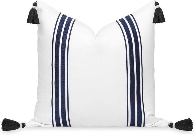 Hofdeco Premium Coastal Patio Indoor Outdoor Throw Pillow Cover Only, 20"x20" Water Repellent for Backyard, Couch, Navy Blue Embroidered Stripes with Tassels