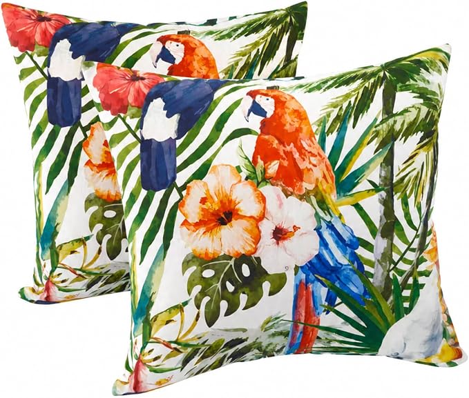2pcs Outdoor Decor Pillows, Insert and Cover, Waterproof & Fade-Resistant Patio Couch Cushions for Garden, Porch, Poolside Sofa (Tropical Parrot, 18x18in)