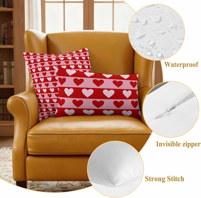 Outdoor Waterproof Throw Pillow Covers, Valentine's Day Decorative Pillow Cases, Romantic Pink Red Love Heart Stripes Couch Pillow Protector Patio Sofa Cushion Covers Replacement 18"x18" 2 Pack
