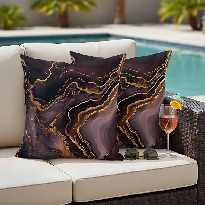 Abstract Marble Texture Outdoor Waterproof Throw Pillow Covers Set of 2, 18"x18", Purple Gold Waves Art Decorative Pillow Covers Outside Cushion Case for Patio Porch Garden