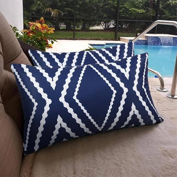 Adabana Outdoor Waterproof Pillow Covers 12x20 Navy Blue | Geometric Decorative Throw Pillow Covers Set of 2 for Patio, Garden, Porch, Farmhouse