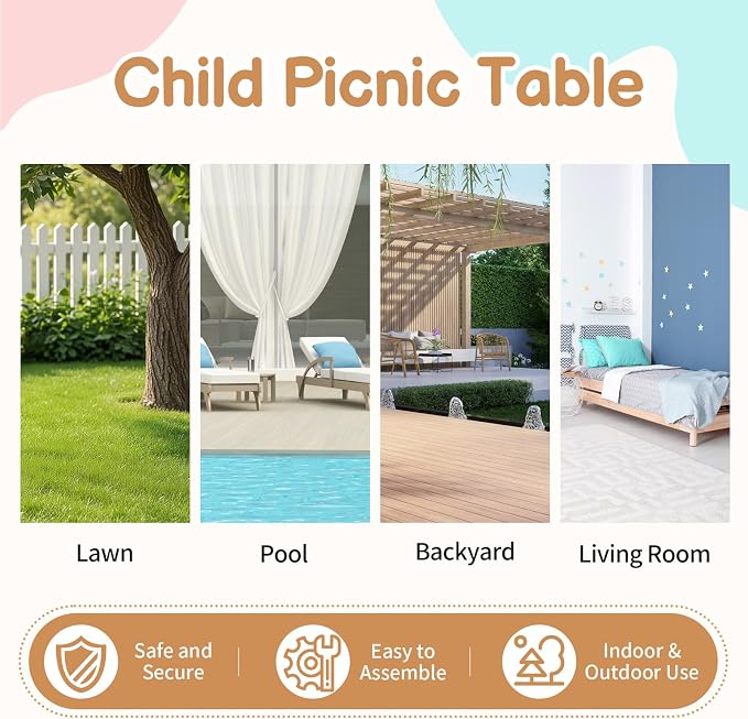 Kids Picnic Table, Wooden Toddler Picnic Table and Chair w/Removable Umbrella, Kids Outdoor Furniture for Patio Garden, Teak