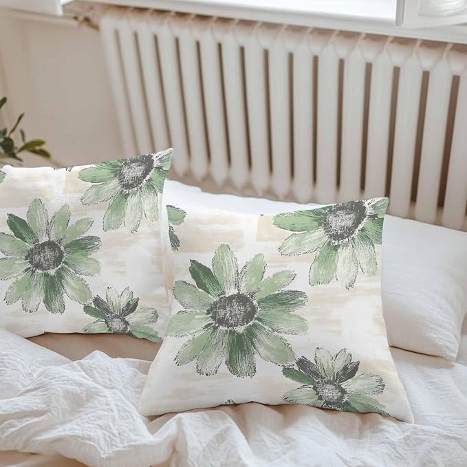 Vandarllin Outdoor Throw Pillows Covers 24x24 inch Set of 2 Waterproof Green Sunflower Decorative Zippered Cushion Covers for Patio Furniture, Floral Field Lumbar Pillowcases