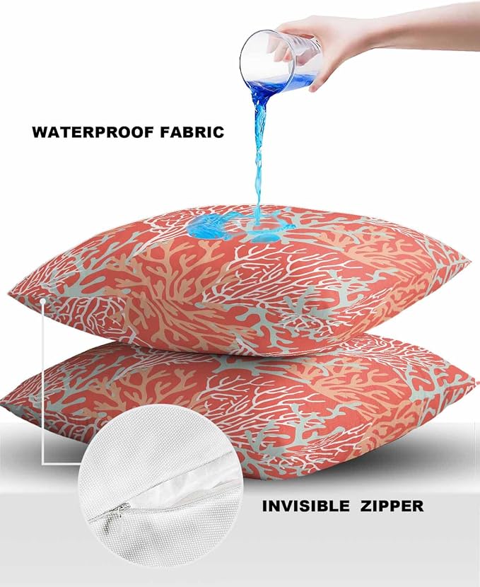 Pack of 2 Outdoor Pillow Covers 16x16 Waterproof Orange Ocean Coral Throw Pillow Covers, Decorative Pillowcases Nautical Coastal Summer Beach Cushion Covers for Patio Garden Couch Pillow Case