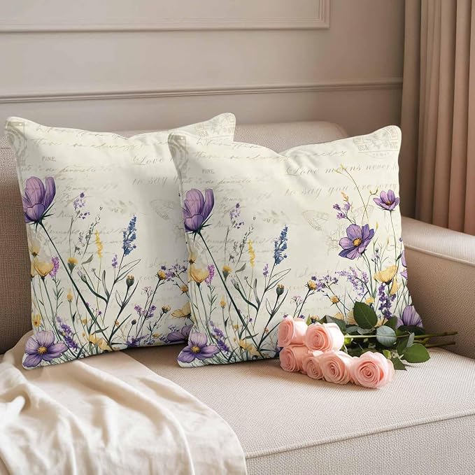 Spring Floral Outdoor Waterproof Throw Pillow Covers Set of 2, 18"x18", Purple Yellow Flower Leaves Retro Letter Texture Decorative Pillow Covers Outside Cushion Case for Patio Porch Garden