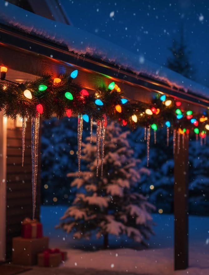 C7 LED Multicolor Christmas Lights, 26Ft Vintage Outdoor Christmas String Lights with 27 Colorful Ceramic LED Bulbs, Connectable Hanging Lights for Holiday Party Backyard Roofline House Xmas Decor