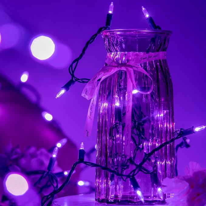 YULETIME 200 Purple LED Christmas Lights, 66 ft Green Wire UL String Light | Stay Lit, End-to-End Connectable, UL Certified, Commercial Grade, 1-Strand 200 Lights, 4" Spacing
