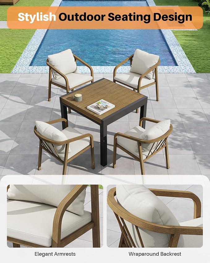 Outdoor Dining Chairs Set of 4, Never-Rust Aluminum Patio Dining Chairs with Removable Cushion, Ergonomic Patio Chairs with Wraparound Seating Design for Deck, Lawn, Commercial, Garden, Teak
