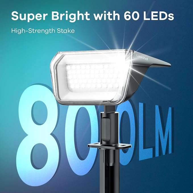 Linkind Solar Spot Lights Outdoor Waterproof Floodlight Cool White 6 Pack | Wide Beam, 60 LEDs, 800LM, 2 Brightness Modes, 6500K, Dusk to Dawn, for Landscape Garden Patio Pathway Flag Yard House Sign