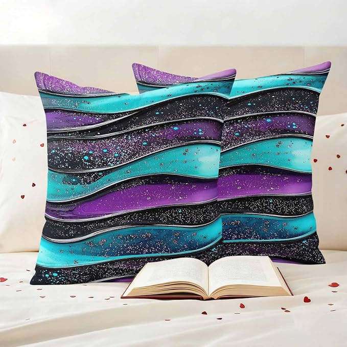 JasmineM Outdoor Pillow Cover 20x20 Inches Set of 2 Abstract Purple Teal Wave Waterproof Throw Pillow Covers Modern Black Strips Decorative Pillowcases Garden Cushion Case for Patio Couch Sofa