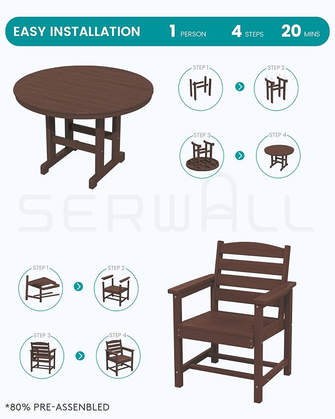 SERWALL 6-Piece Patio Dining Sets, HDPE Outdoor Table and Chairs Furniture Set with Umbrella, 45" Round Dining Table & 4 Dining Chairs & 1 9FT Umbrella, Coffee(Not Include Umbrella Base)