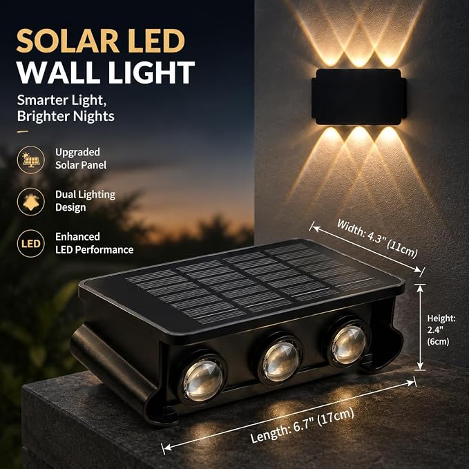 Solar Wall Lights Outdoor, 6 LED Solar Powered Wall Wash Light, Up and Down Lighting, IP65 Waterproof Exterior Fence Lights, Warm White, Auto On/Off for Patio, Fence, Garage, Garden, Yard