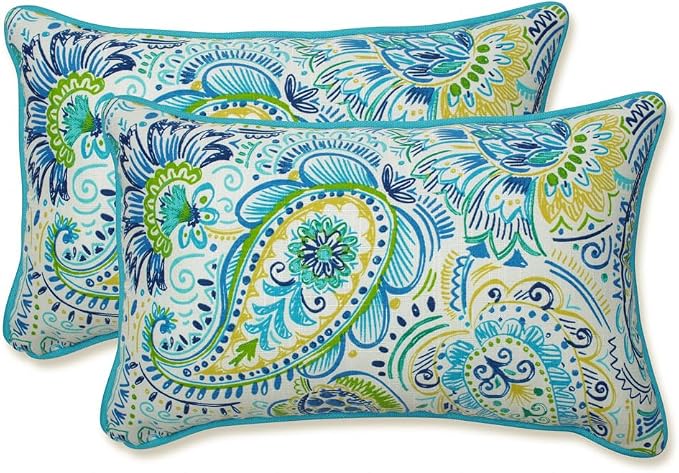 Pillow Perfect Paisley Indoor/Outdoor Accent Throw Pillow, Plush Fill, Weather, and Fade Resistant, Lumbar - 11.5" x 18.5" , Blue/Yellow Gilford, 2 Count