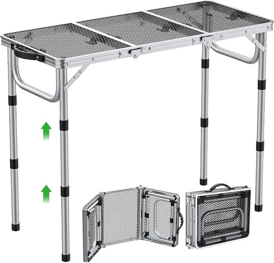 GARLLEN Folding Grill Table, 3 Adjustable Height Portable BBQ Table with Heat-Resistant Mesh Tabletop, Lightweight Aluminum Camping Tables for Outdoor, Grill, Picnic, 34.2" L x 15.7" W, Silver