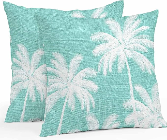 Outdoor Pillow Covers 20x20 Inch Set of 2, Teal Palm Trees Waterproof Throw Pillow Covers, Farmhouse Tropical Summer Beach Decorative Cushion Pillowcases for Couch, Sofa, Bed, Garden, Patio