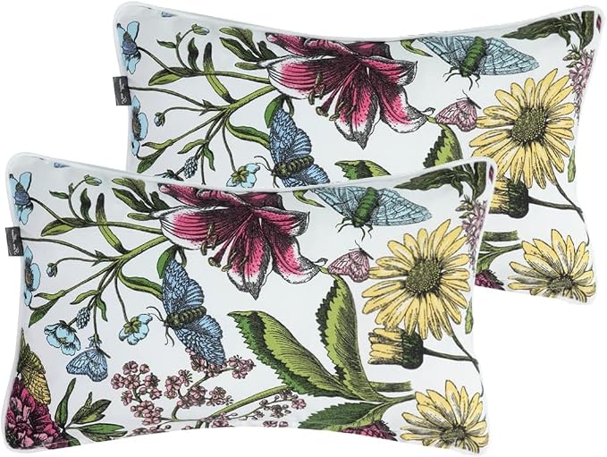 Water Resistant Outdoor Lumbar Pillows for Patio Furniture,12x20 Inch Decorative Pillows Set of 2 with Insert,Hidden Zipper Headrests for Sofa Couch Chair(Butterfly Flower)