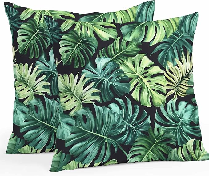 Palm Leaf Waterproof Outdoor Pillow Covers Set of 2 Home Decor, Green Tropical Plant Summer Nature Scenery Pillowcase Patio Pillow Covers for Couch Bench Furniture Garden 20x20in