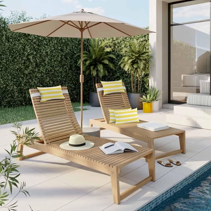 Modern Stripes Lines Outdoor Head Pillows for Recliner Lounge Chair,Pack of 2 Waterproof Throw Pillow Cushion Cases with Insert&Elastic Strap,Yellow and White Neck Pillow for Patio Beach