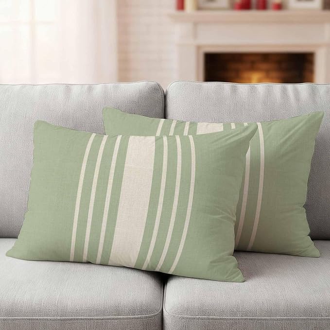 Lumbar Pillow Covers 20x12 Inch Set of 2, Sage Green Beige Striped Waterproof Outdoor Cushion Covers, Modern Farmhouse Retro Lines Decorative Pillowcases for Couch, Sofa, Bed, Garden, Patio