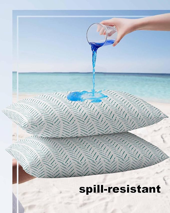 Turquoise Striped Outdoor Pillow Covers Waterproof,All Weather Cushion Case Set of 2 Lumbar Pillowcase for Sofa Couch Bed Decor Patio Furniture 20"x12" White Geometric Minimalist Boho Striped