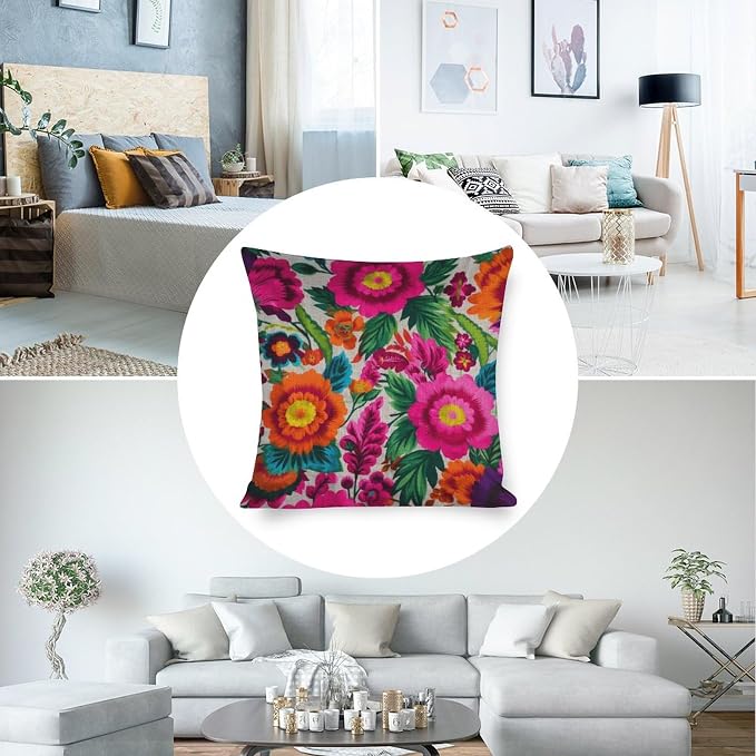 Large Couch Pillows Mexican Flowers Pillow Cases 20"x20" White Blue Grey Wideflowers Printed Pillow Cover Home Sofa Decor PillowcaseThrow Pillow Covers Decorative Outdoor Linen Pillow Covers