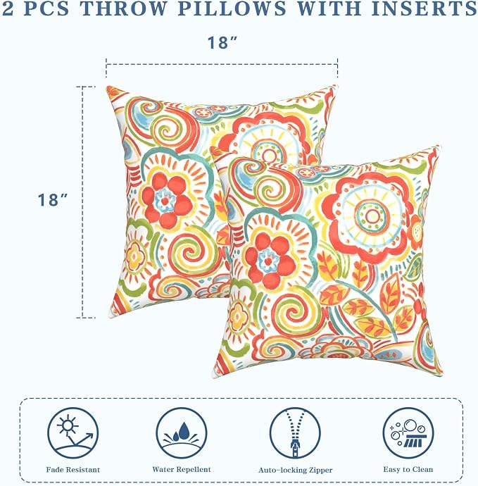 LVTXIII Outdoor/Indoor Throw Pillows, Decorative Throw Pillows with Inserts, 18"x18" Square Pillows for Bed, Couch, Sofa and Patio Furniture (Set of 2, Flower Multi)